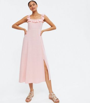 Pink Linen Look Square Neck Midi Dress ...
